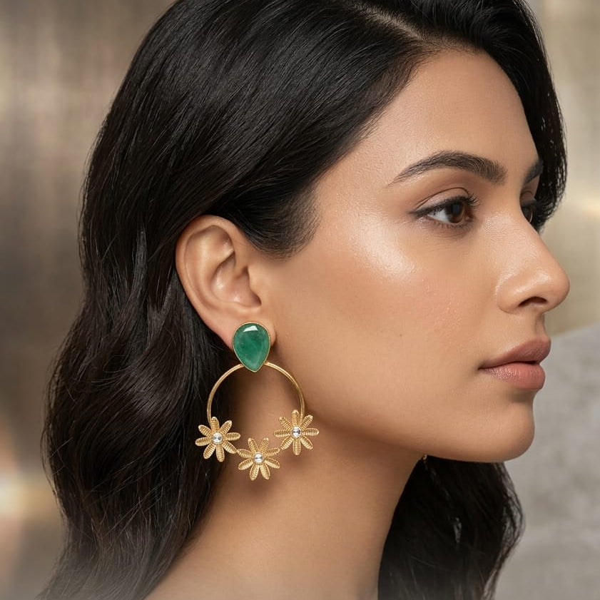 Emerald Stone Floral Hoop Statement Earrings