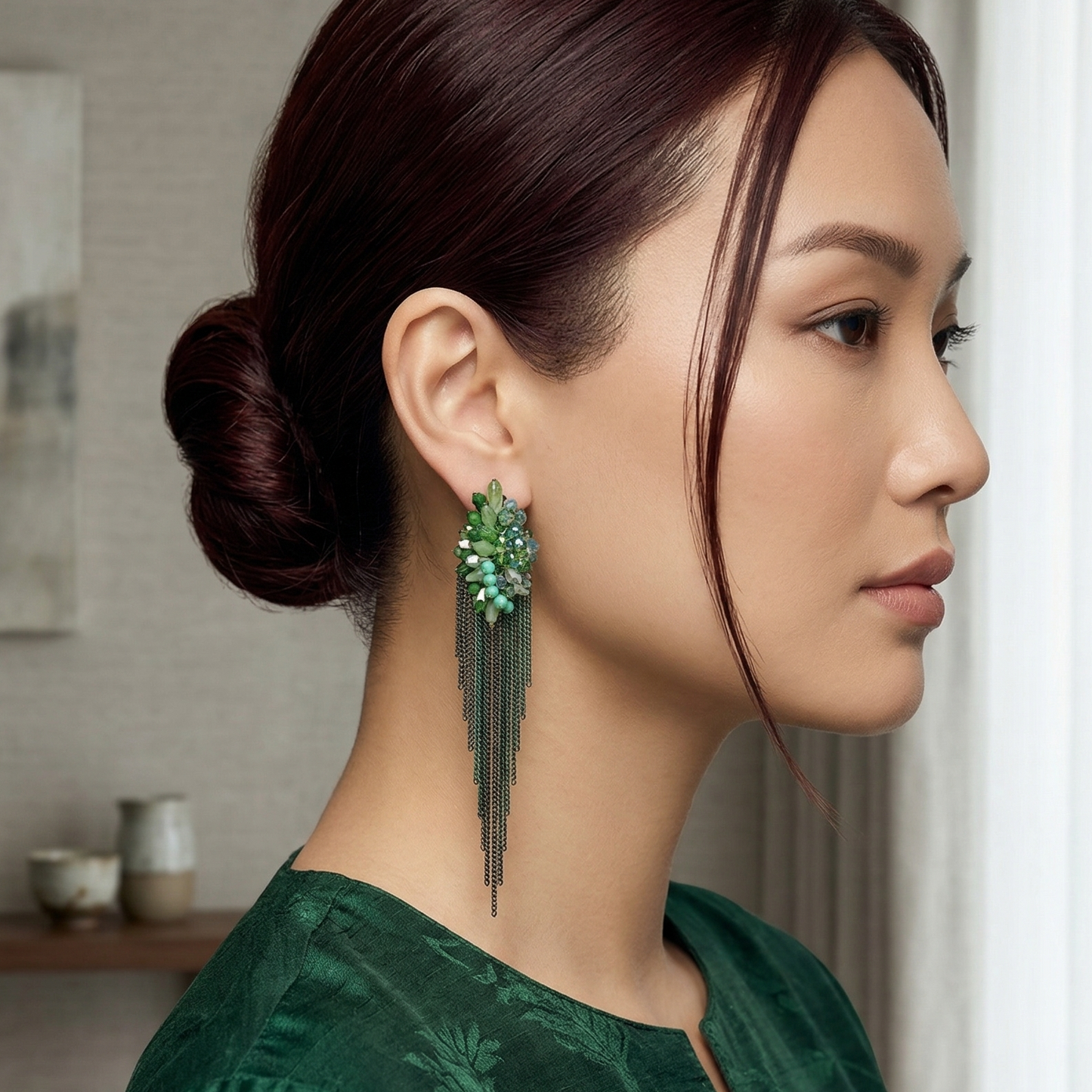 Emerald Fringe Statement Earrings