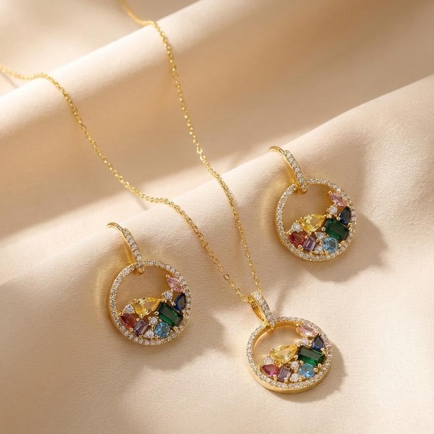 Golden Glow Crystal Round Necklace Set