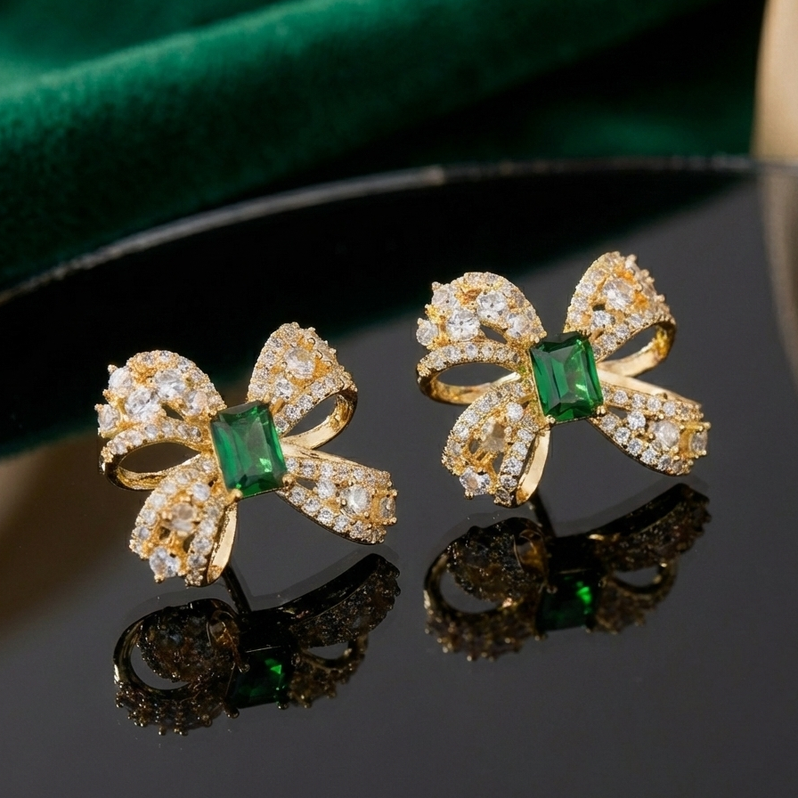 Emerald Bow Crystal Studs
