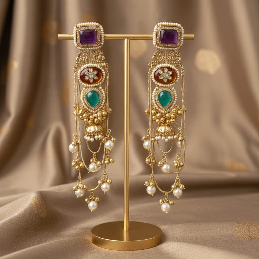 Royal Multi-Stone Pearl Drop Statement Earrings