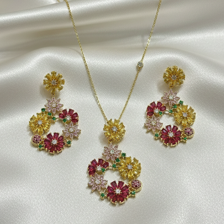 Floral Crystal Multicolour Necklace Set