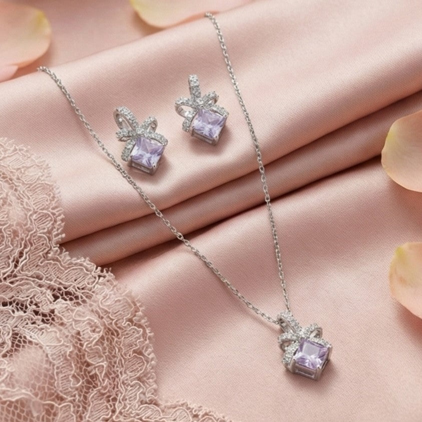 Lavender Bow Crystal Necklace Set
