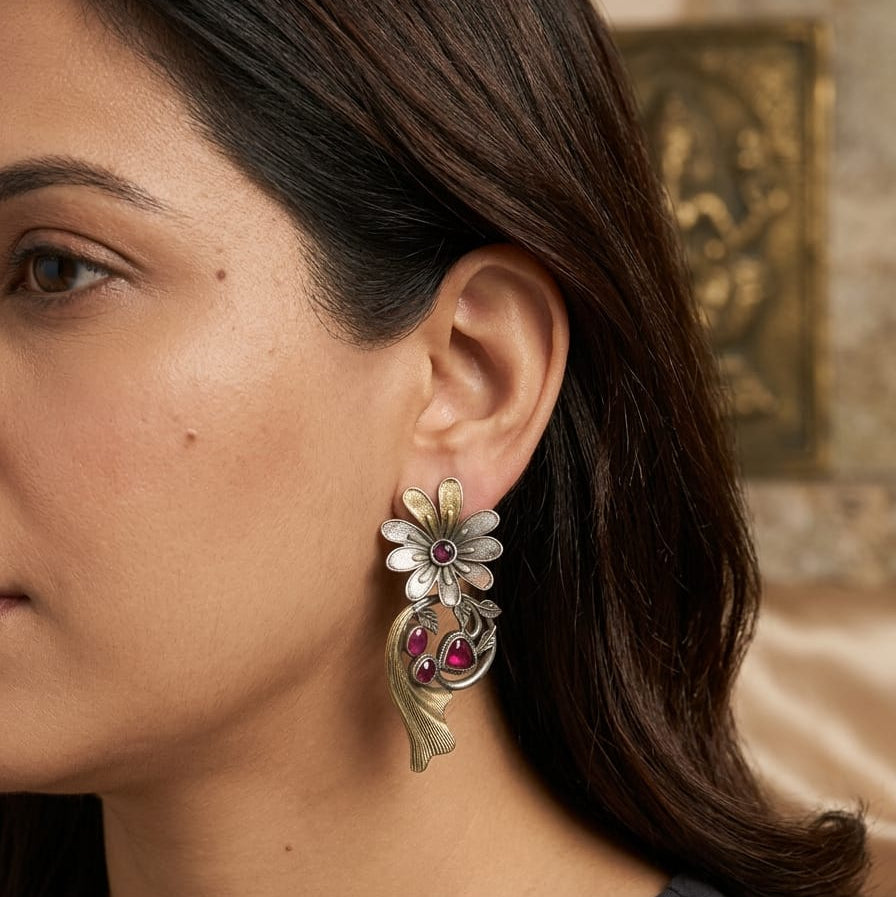 Vintage Floral Ruby Accent Statement Earrings