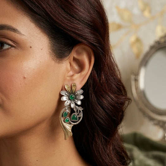 Vintage Floral Emerald Accent Statement Earrings