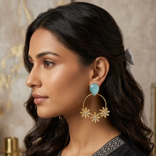 Opaque Lagoon Floral Gold Hoop Earrings
