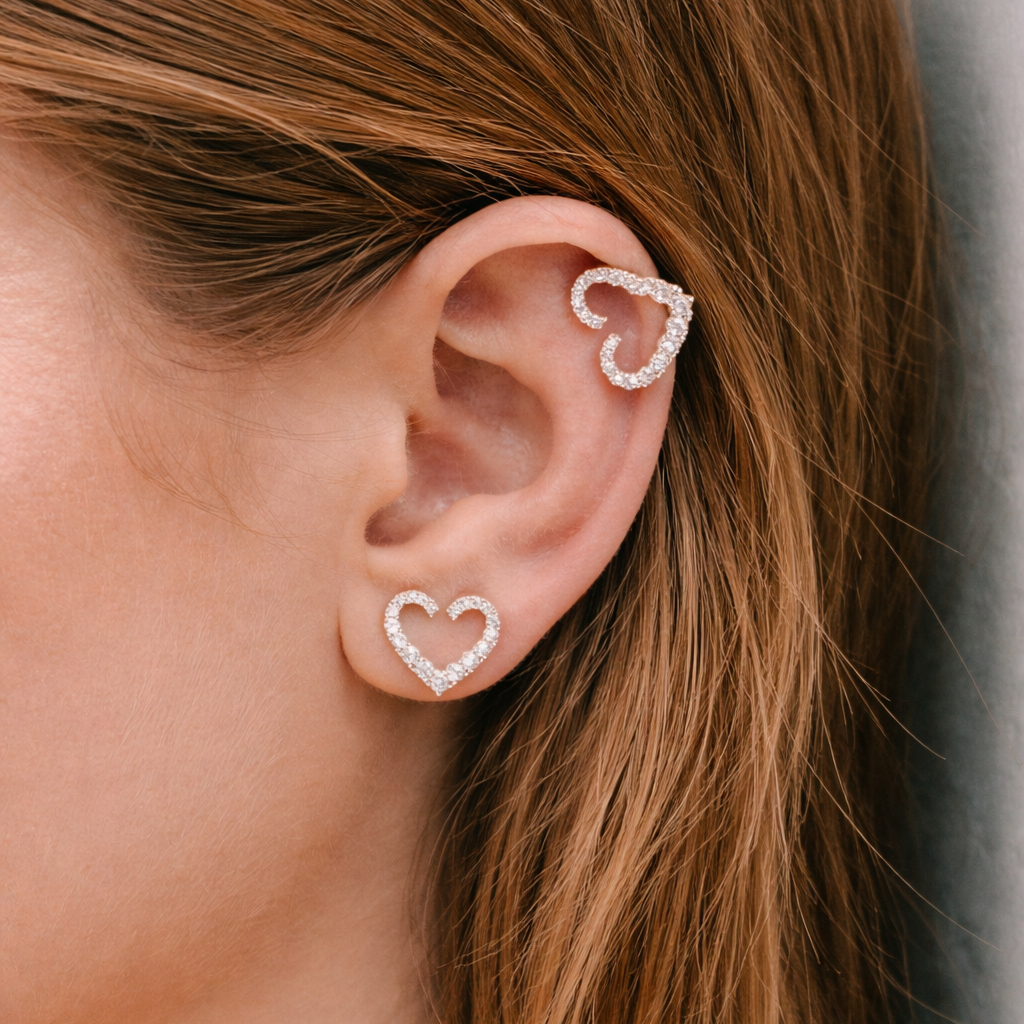 Crystal Heart Ear Cuff & Stud Set