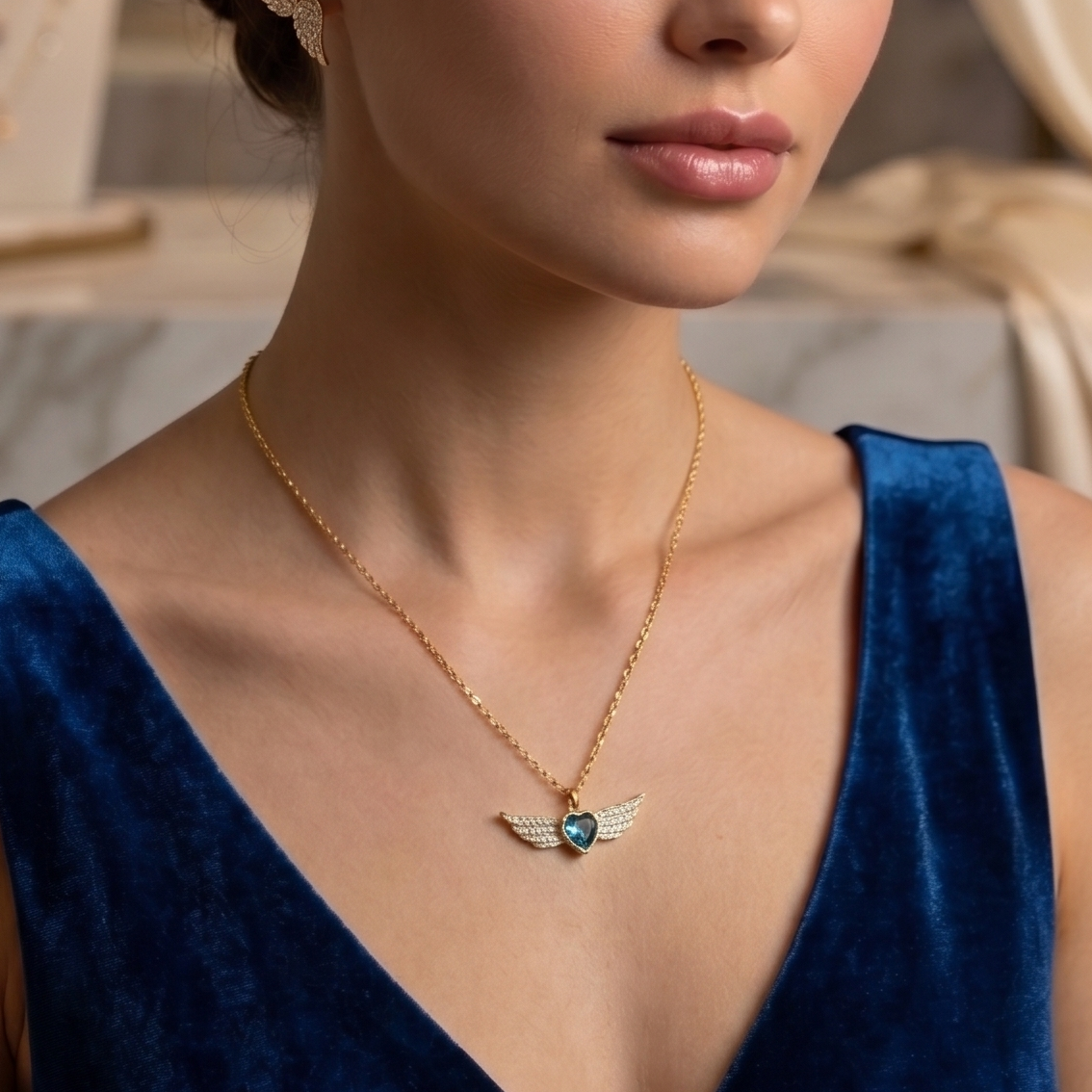 Aqua Heart Wings Necklace