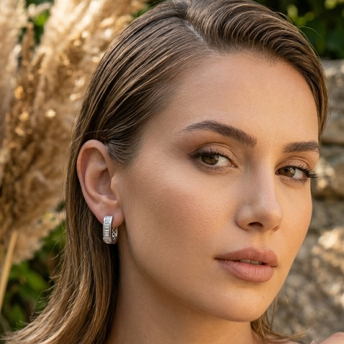 Silver Baguette Huggie Hoops