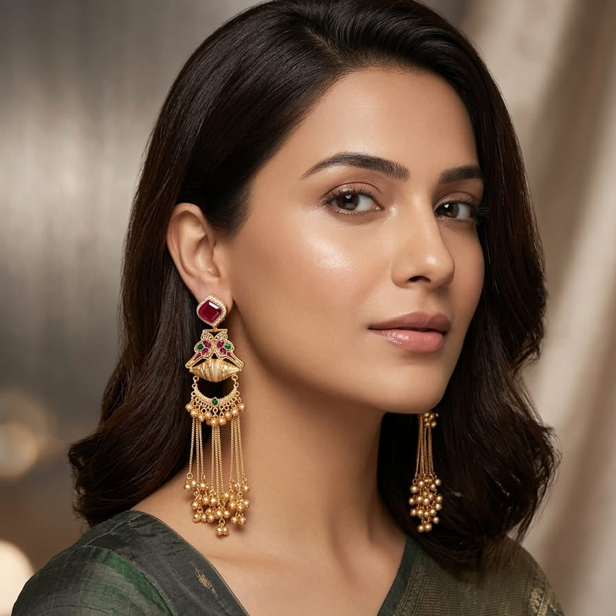 Traditional Gold-Tone Bird Motif Tassel Earrings