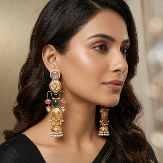 Multi-Stone Antique Gold Jhumka Statement Earrings