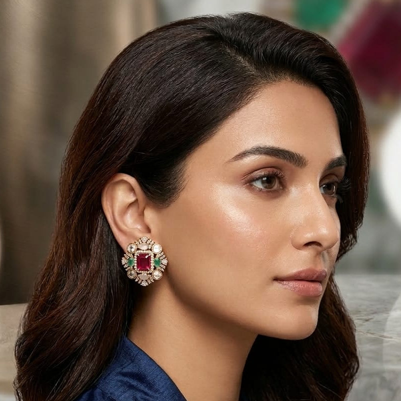 Royal Ruby Emerald Stud Statement Earrings