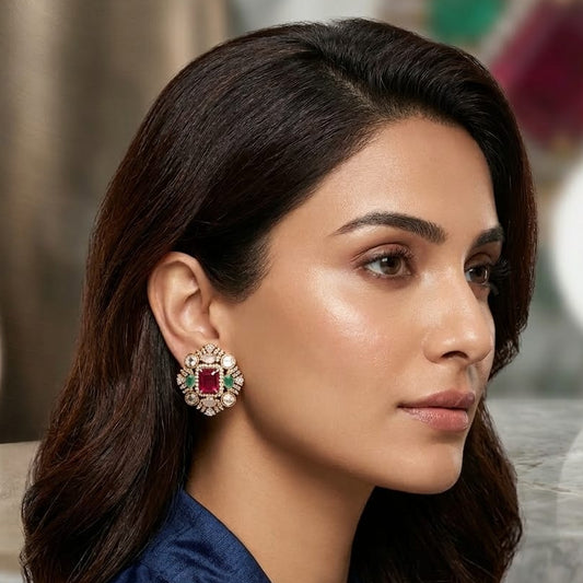 Royal Ruby Emerald Stud Statement Earrings