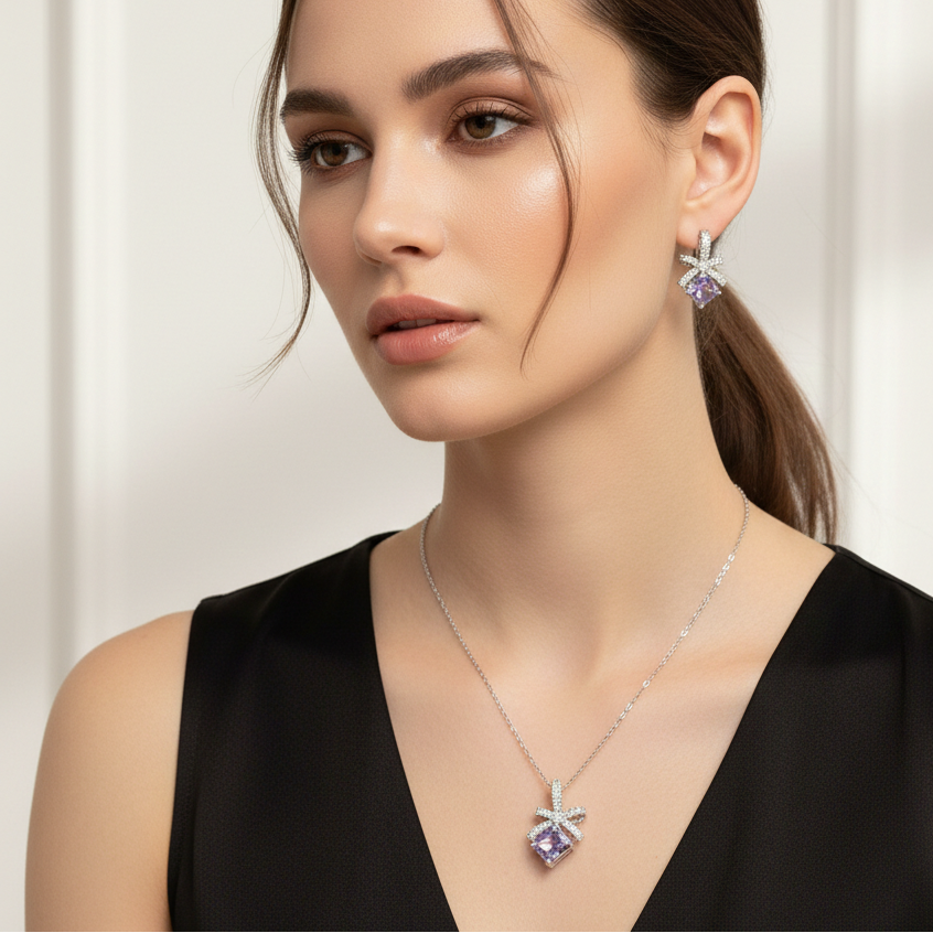 Lavender Bow Crystal Necklace Set