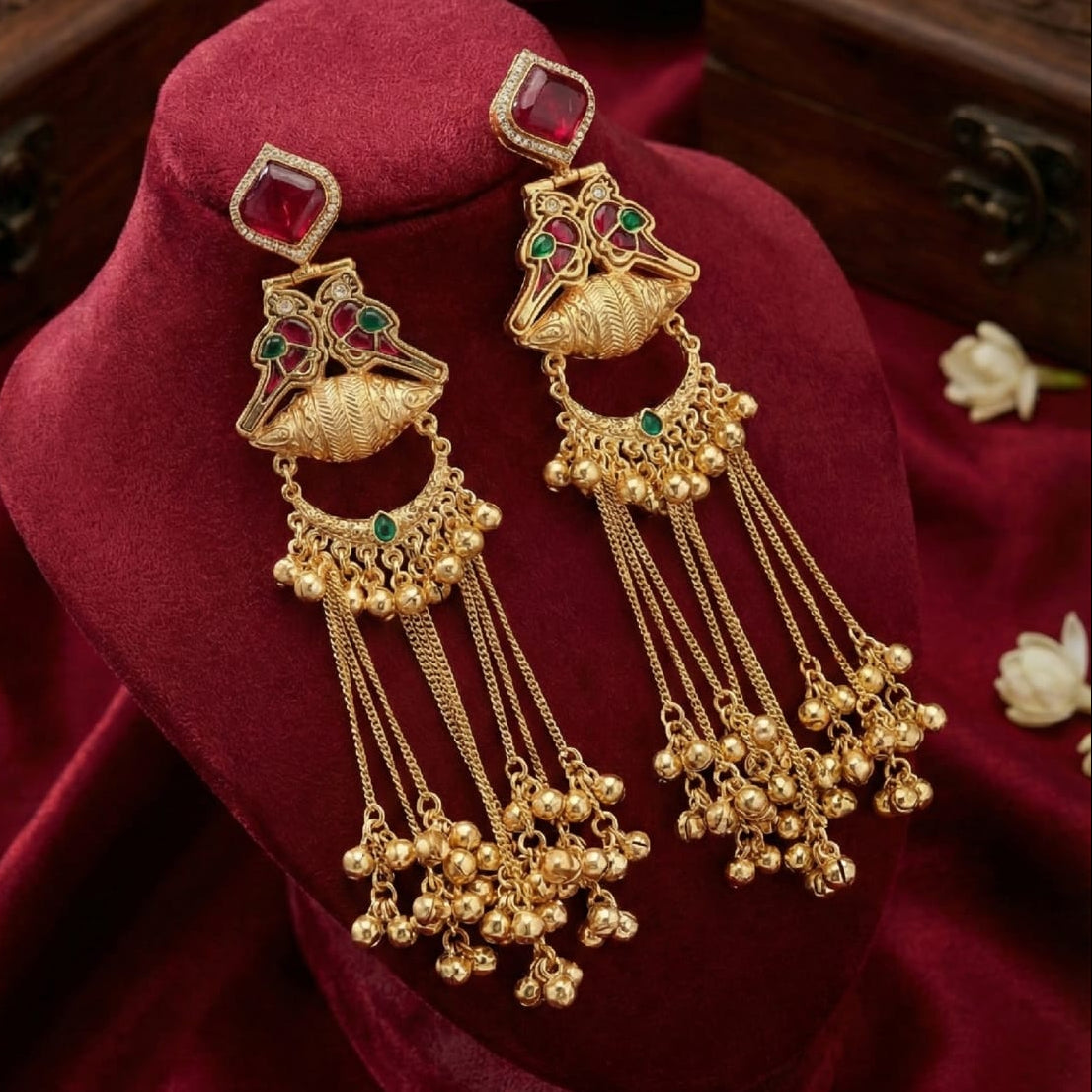 Traditional Gold-Tone Bird Motif Tassel Earrings