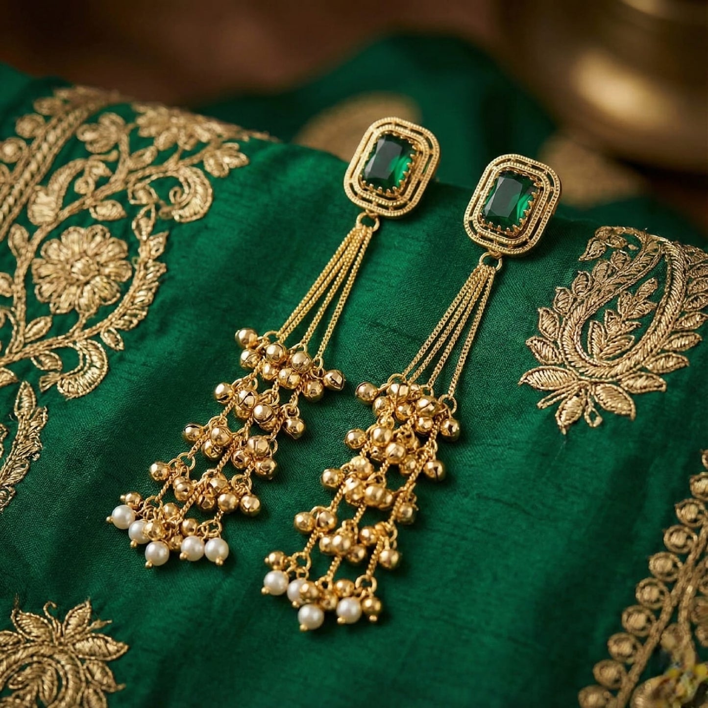 Elegant Emerald Green Tassel Statement Earrings