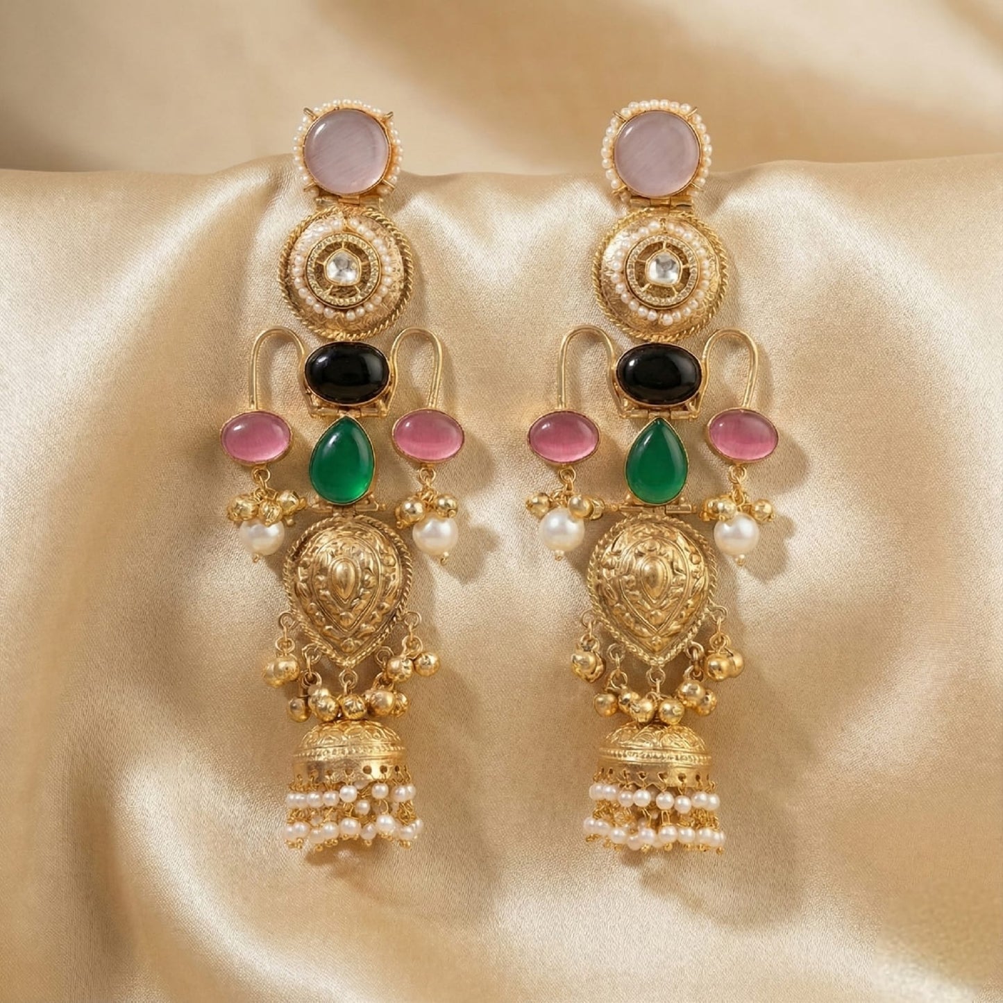 Multi-Stone Antique Gold Jhumka Statement Earrings