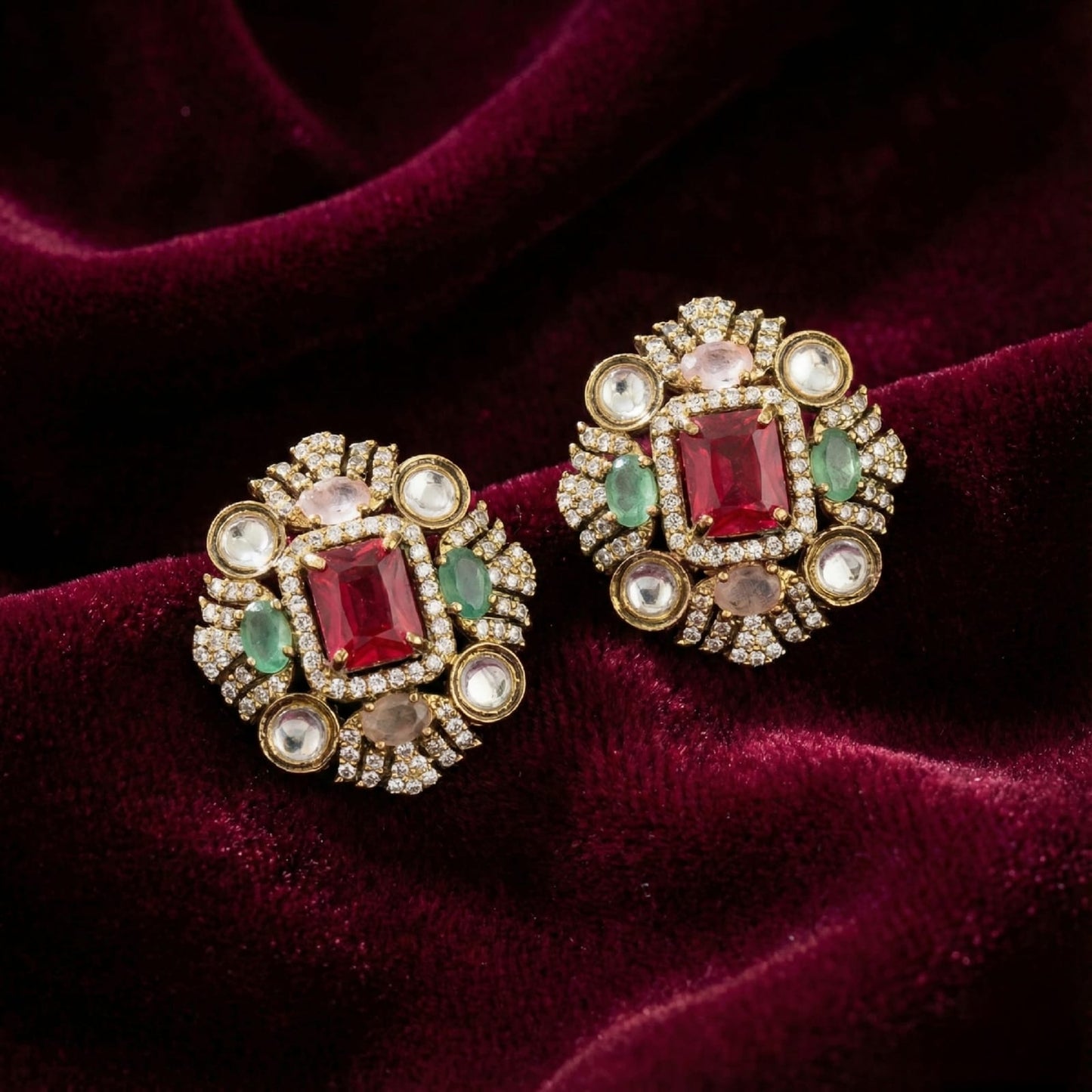 Royal Ruby Emerald Stud Statement Earrings