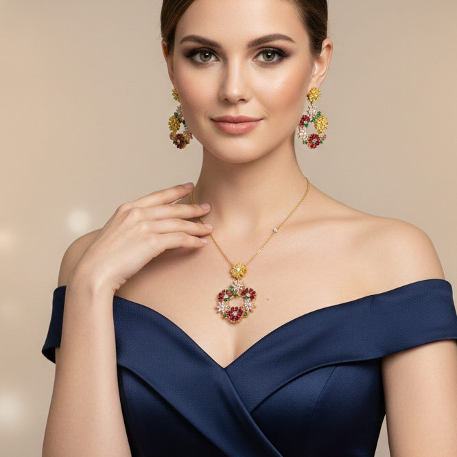 Floral Crystal Multicolour Necklace Set