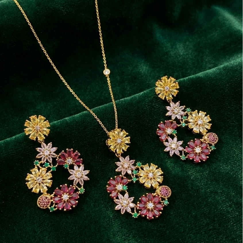 Floral Crystal Multicolour Necklace Set