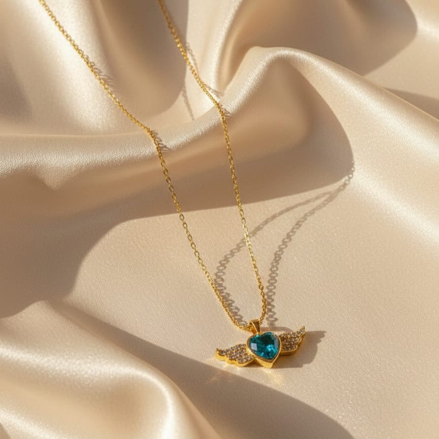 Aqua Heart Wings Necklace