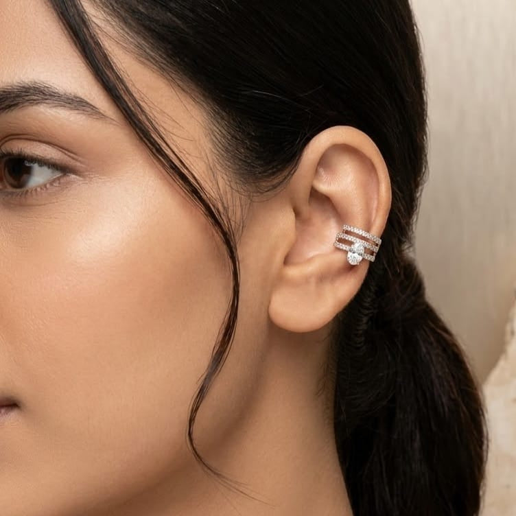 Triple Band Crystal Ear Cuff with Solitaire like Stud