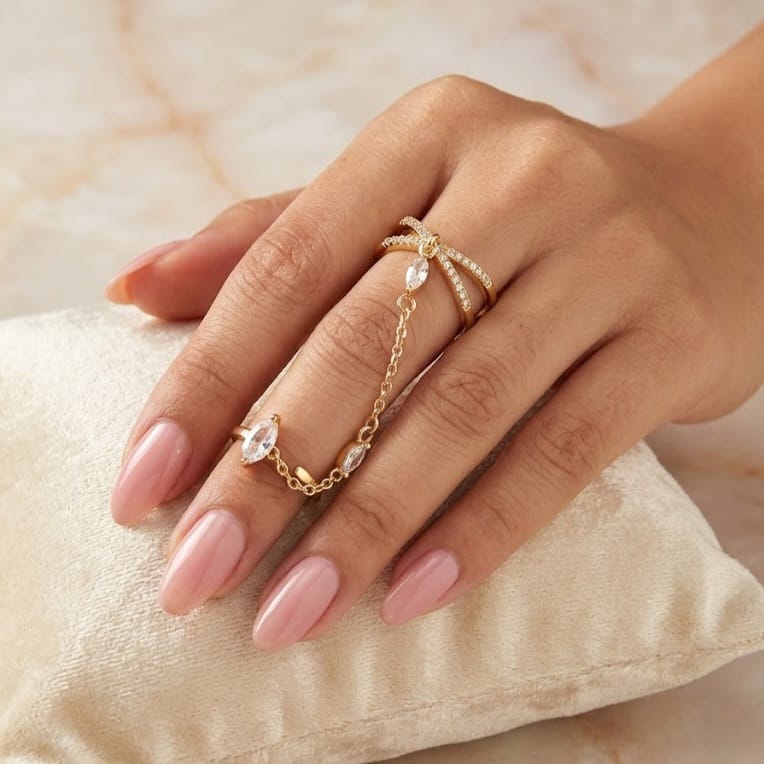 Crystal Bow Finger Chain Ring