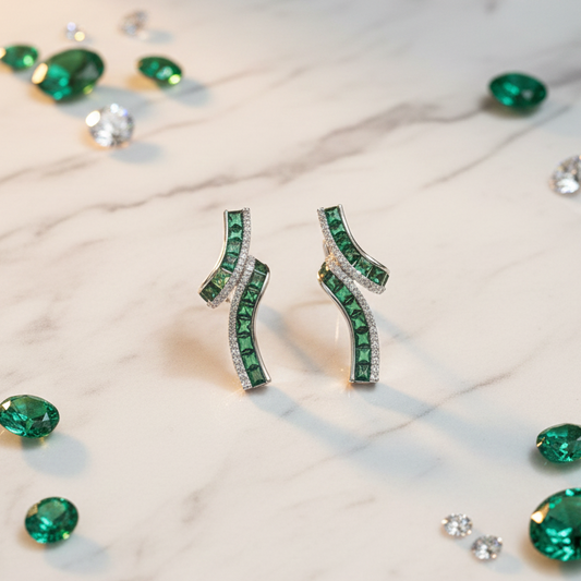 Modern Wave Green Crystal Studs