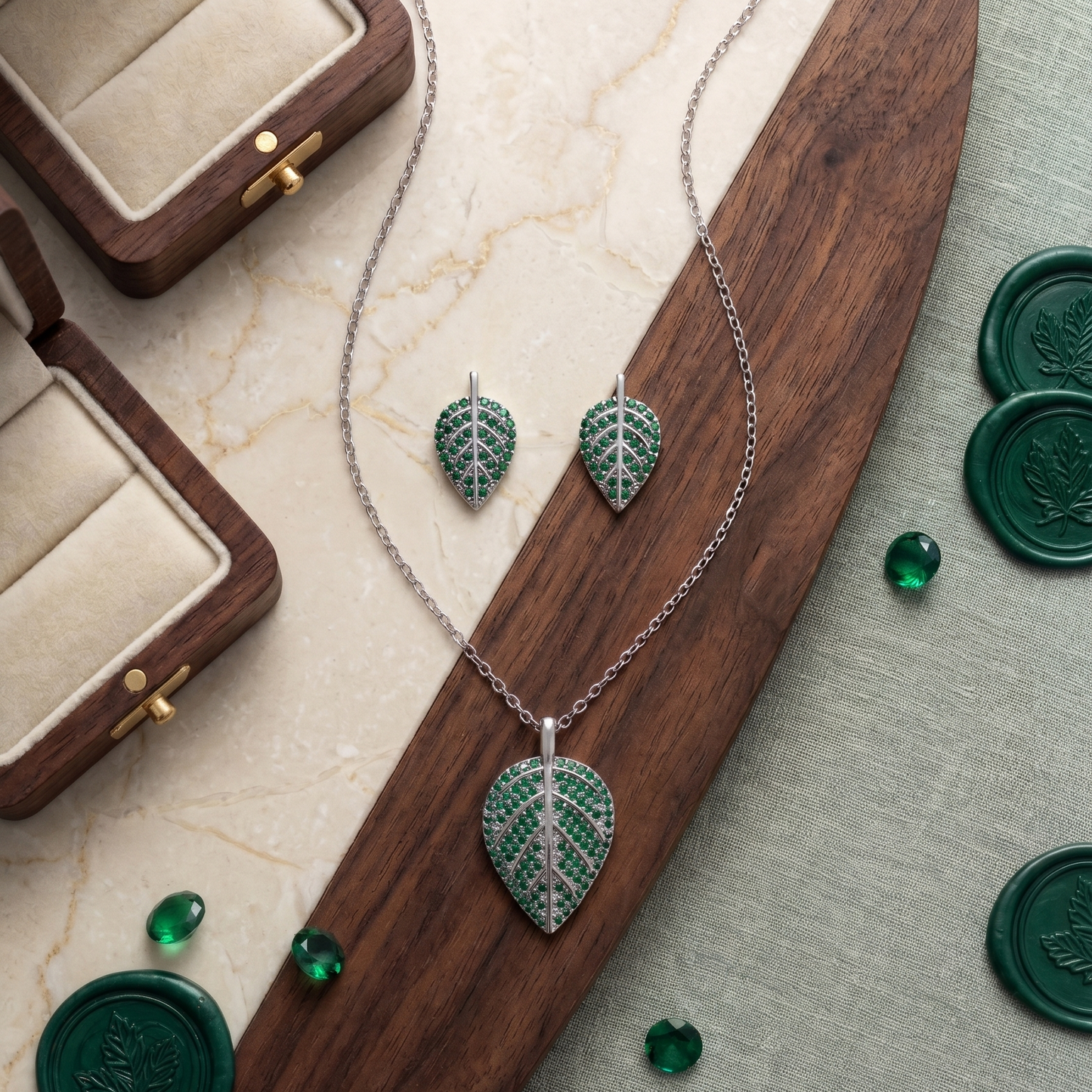 Emerald Leaf Pendant Set